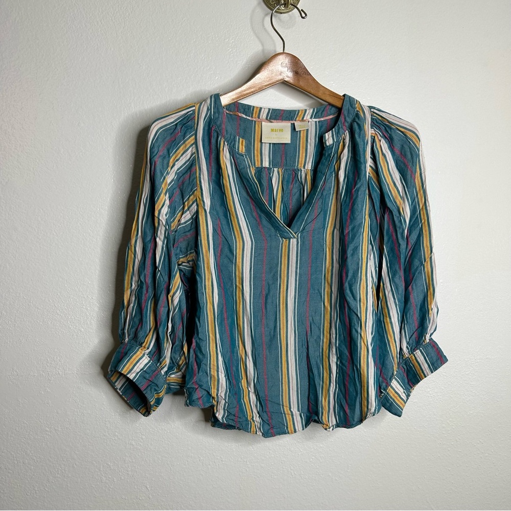 Anthropologie Maeve Teal Striped Oversized Balloon Sleeve Blouse Size Small - Picture 2 of 10